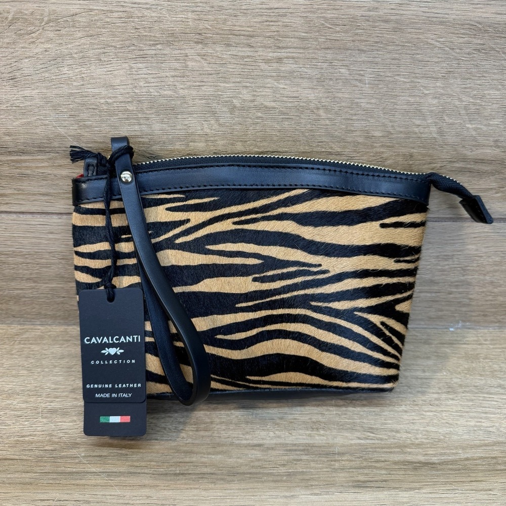 CAVALCANTI Leather and Cowhide Calf Hair Tiger Stripe Wristlet Clutch Bag NWT